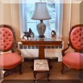 F07. Pair of Victorian medallion back parlor chairs and mahogany Empire game table. 
